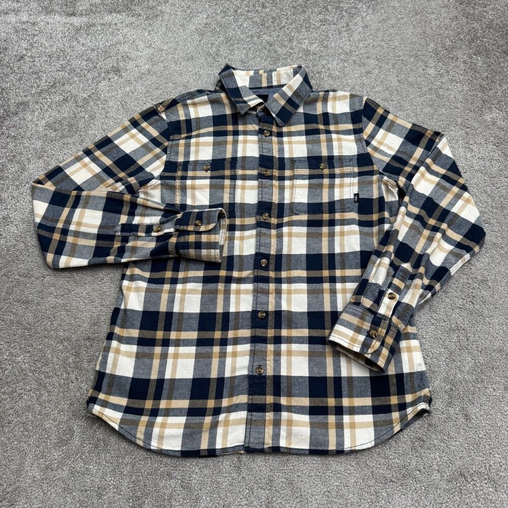 Vans Plaid Flannel Shirt Mens S Brown Blue Cream Tailored Fit Skate Long Sleeve